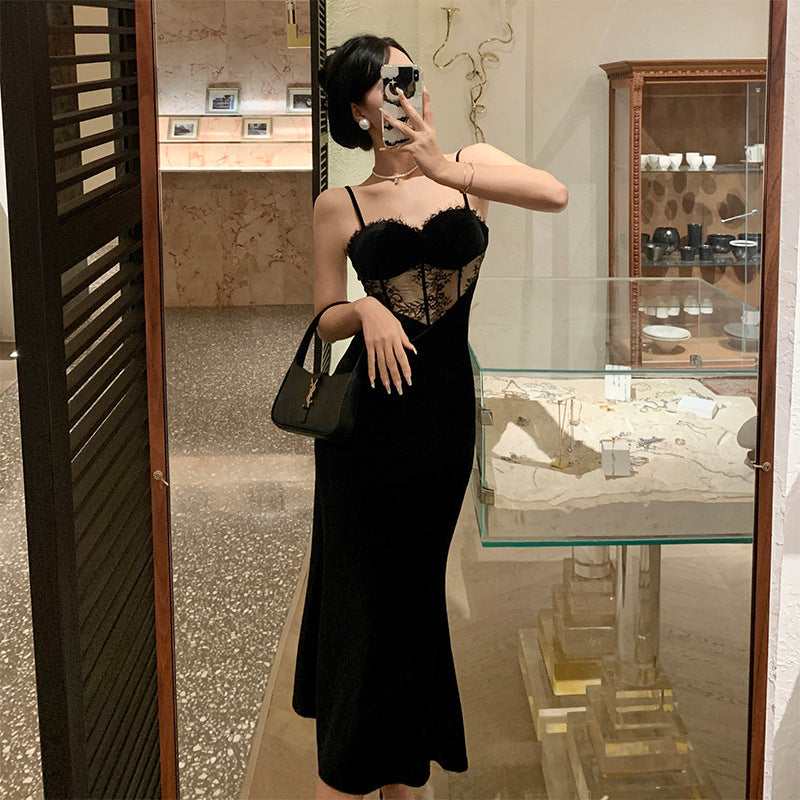 French Retro Lace Dress Sexy Mermaid Long Skirt Black Spaghetti Strap  Skirt 397