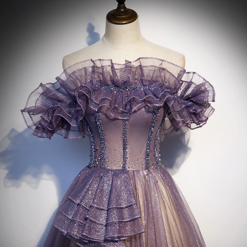Purple Gradient Tulle Prom Dress Sparkly Off  Shoulder Evening Dress  146