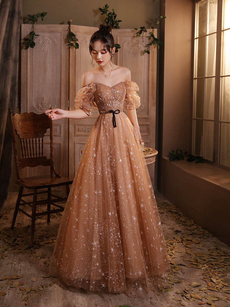 Cute Champagne A Line Tulle Shiny Prom Dress Short Sleeves Formal Evening Gown 226