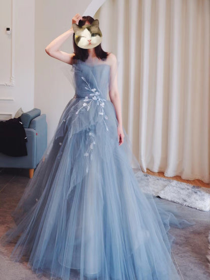 Strapless A Line Tulle Prom Dress Blue Evening Formal Party Gown 594