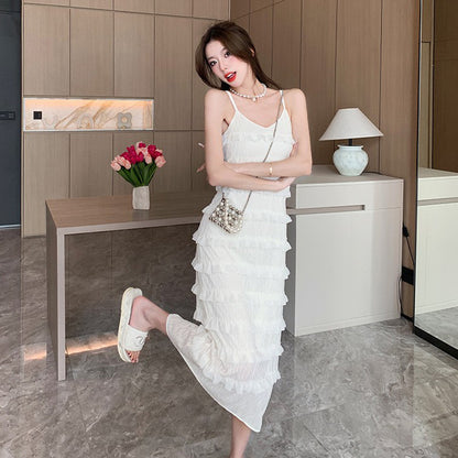 French Gentle White Suspender Dress Summer Fairy Long Skirt Layer  Skirt  403