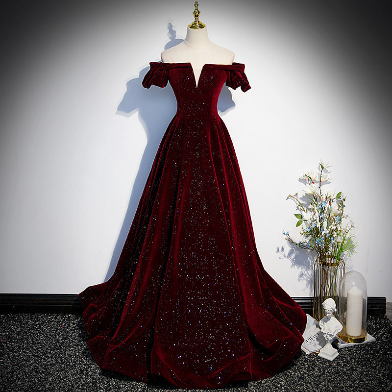 Off Shoulder Burgundy Long Prom Dress A Line Velvet Shiny Evening Gown 627