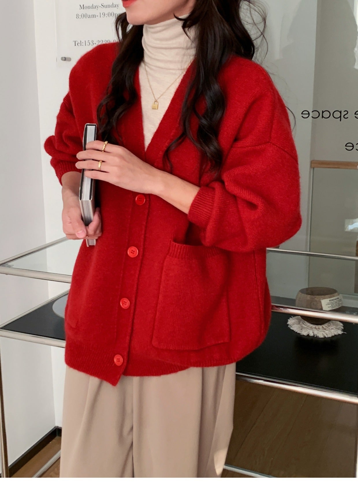 Solid Color Autumn and Winter Sweater Cardigan Lazy Style Loose V-neck Set 1953