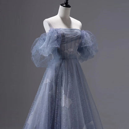 Blue Off Shoulder Tulle Long Prom Dress A Line Formal Evening Party Gown 321