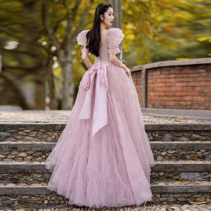 Pink A Line Tulle Prom Dress Puff Sleeves Sweet Princess Party Gown 311