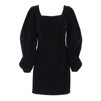 Black Velvet Short Dress Square Neck Puff Sleeve Hip Skirt 1913
