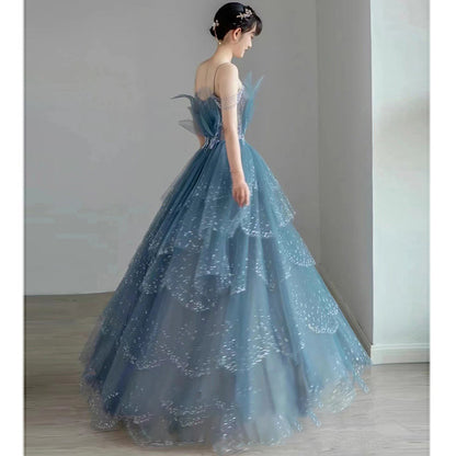 Blue Tulle Sequins Long Prom Dress Sparkly Long Evening Dress 193