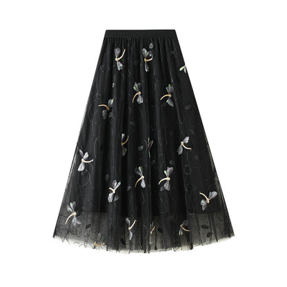 3D Embroidered Dragonfly Mesh Skirt French High Waist Skirt 745