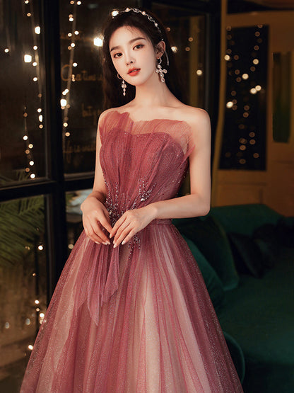 Strapless A Line Long Prom Dress Shiny Burgundy Tulle Evening Dress 598