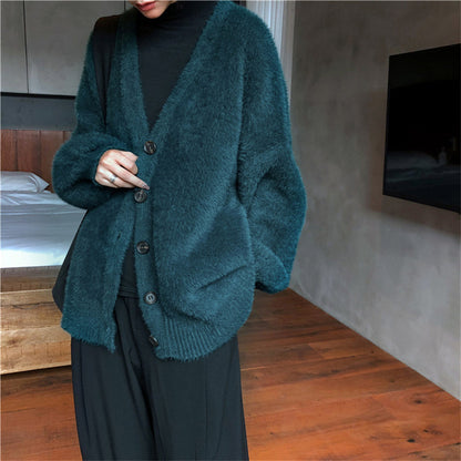 Autumn and Winter Lazy Velvet Sweater Jacket Loose V-neck Knitted Cardigan 1719