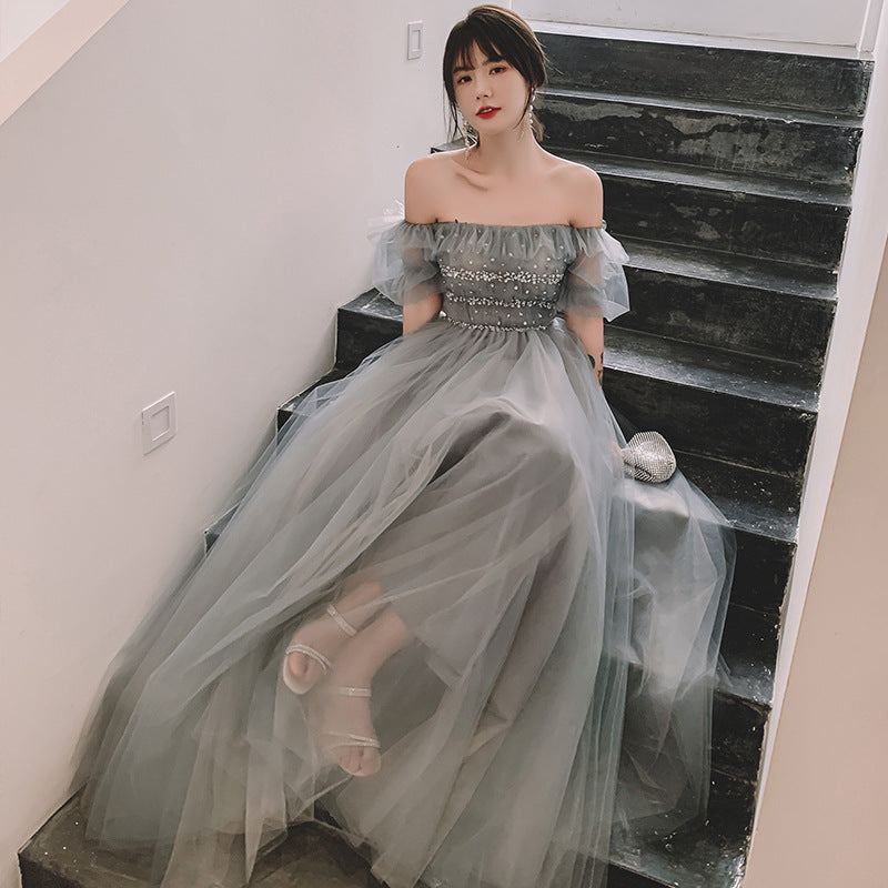 Off Shoulder Tulle Long Prom Dress Gray Green Evening Formal Gown 299