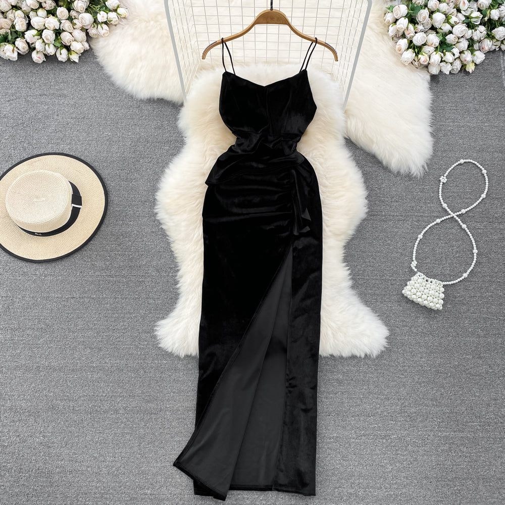 Vintage Sleeveless Open Back Slit Velvet Dress 491