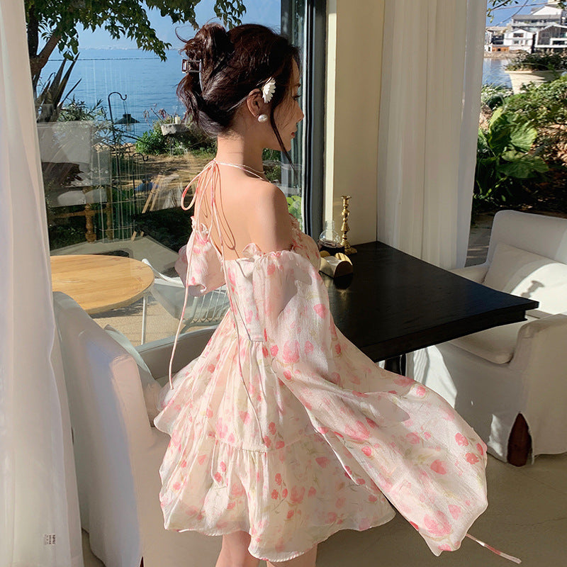 Pink Off-shoulder Long Puff Sleeve Square Neck Floral Chiffon Dress 809