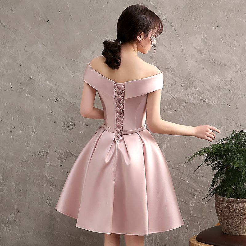 Off Shoulder Pink Homecoming Dress Satin Short Bridesmaid Dress 552