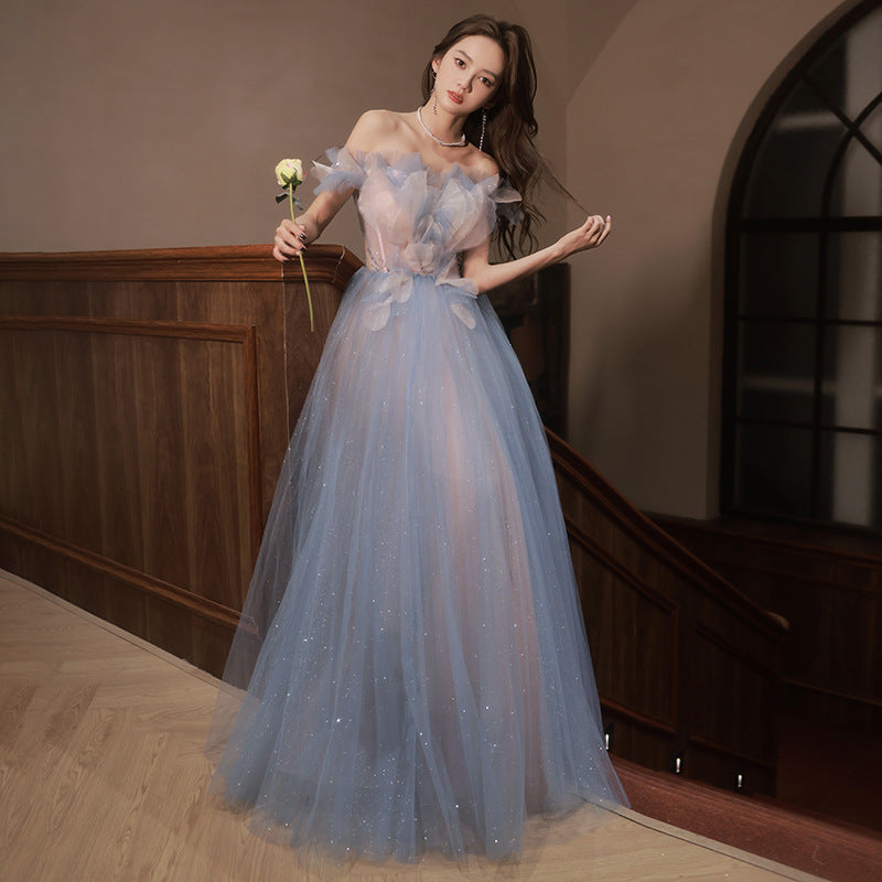 Off Shoulder Sweet Blue Shiny Tulle Prom Dress A Line Formal Party Dress 661