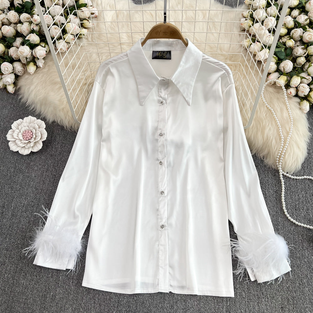 Autumn New Satin Single-breasted Shirt Women's Bottoming Shirt Top 334