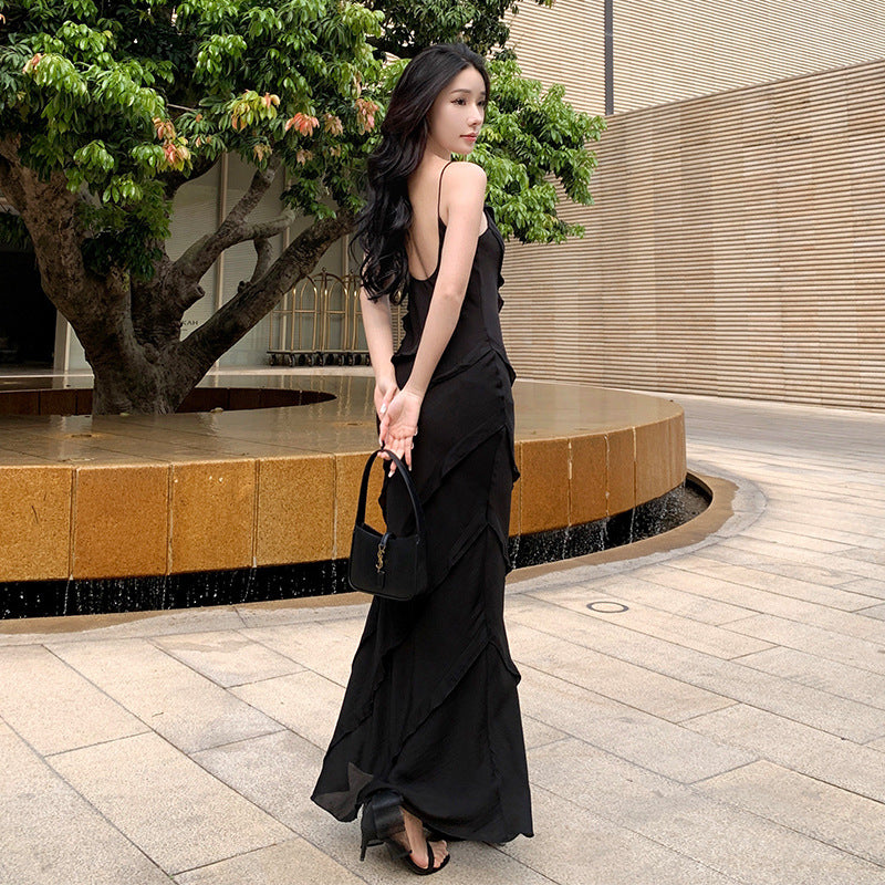 Sexy Backless Spaghetti Strap Dress with Slit Layer Long Evening Dress 416
