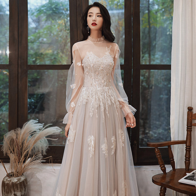 Long Sleeves Lace Tulle Wedding Dress A Line Long Prom Dress Formal Party Gown 318