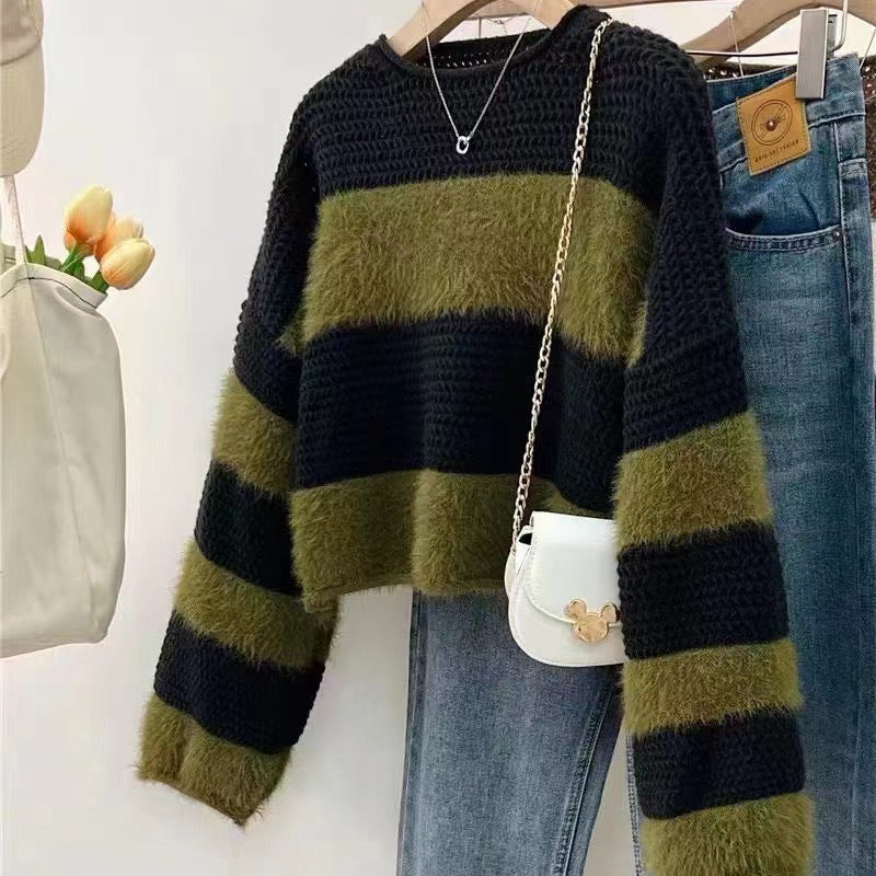 Striped Short Sweater Autumn and Winter Soft Loose Knitted Sweater 1741