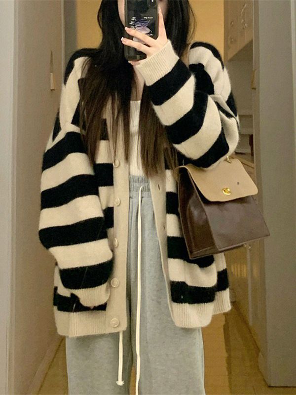 Autumn and Winter Lazy Style Sweater Jacket Loose Striped V-neck Knitted Cardigan 1724