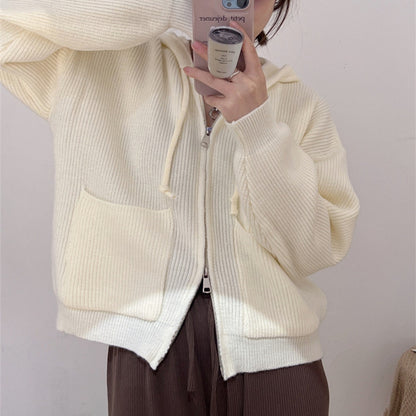 Autumn and Winter Zipper Hooded Sweater Loose Knitted Cardigan Jacket 1722