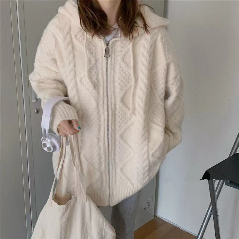 Retro Zipper Cardigan Sweater Autumn Loose Lazy Style Hooded Knitted Jacket 1727
