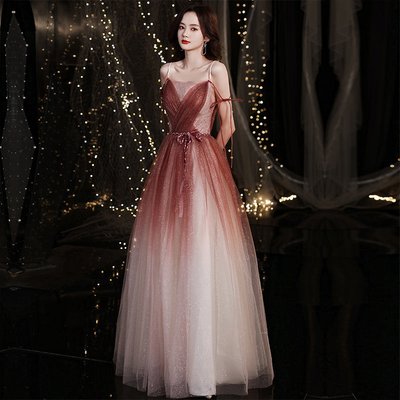 Gradient Burgundy Long Prom Dress A Line Shiny Evening Formal Dress 611