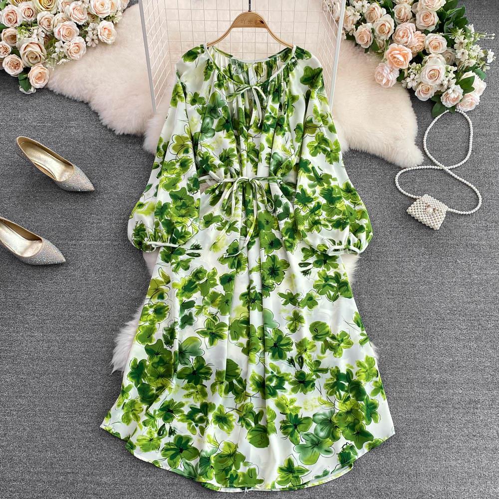 Round Neck Bubble Long-sleeved A-line Dress Women's French Gentle Style Green Floral Long Skirt 244