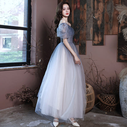 Gradient A Line Tulle Prom Dress Puff Sleeves Shiny Long Evening Dress 590