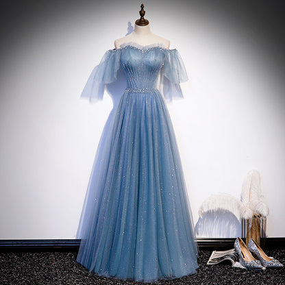 Off Shoulder Blue  A Line Tulle Prom Dress Shiny Forma Evening Gown 640