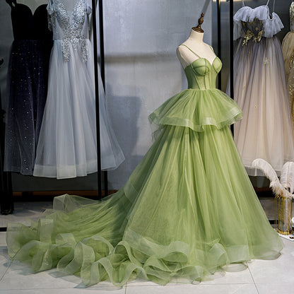 Ball Gown Green Tulle Ruffles Quinceanera Dresses Spaghetti Straps Prom Dress with Train 213