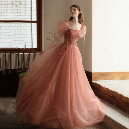 A Line Tulle Long Prom Dress Short Sleeves Formal Evening Dress 504