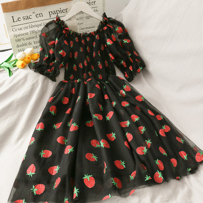 Summer Fairy  Strawberry Print High Waist Mid Length Mesh Skirt Short Sleeve Dress 835