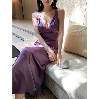 Purple Satin Backless Dress Mermaid Ruffle Evening Gown 1084