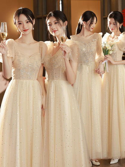 Champagne  A Line Long Prom Dress Shiny Formal Party Gown Bridesmaid Dress 559