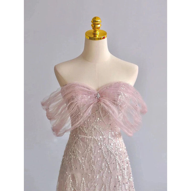 Off Shoulder Cute Pink Prom Dress Sequins Princess Formal Party Dress 666