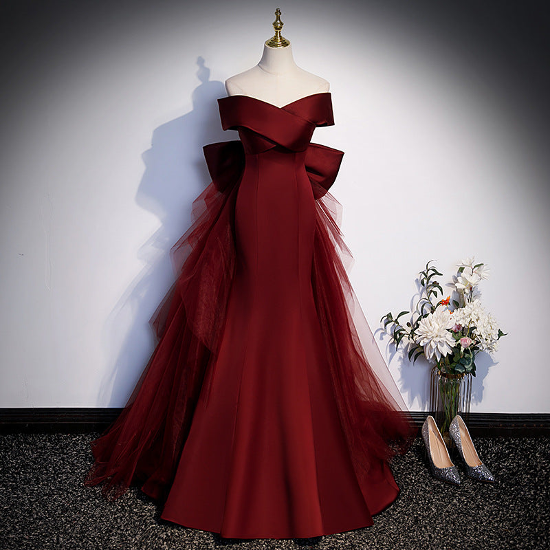 Burgundy Mermaid Long Evening Dress Off  Shoulder Satin Prom Dress Formal Gown 184