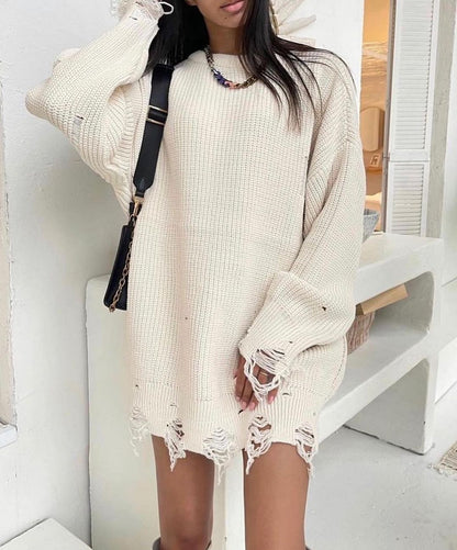 Knitted Round Neck Loose Ripped Mid-length Long-sleeved Sweater 1892