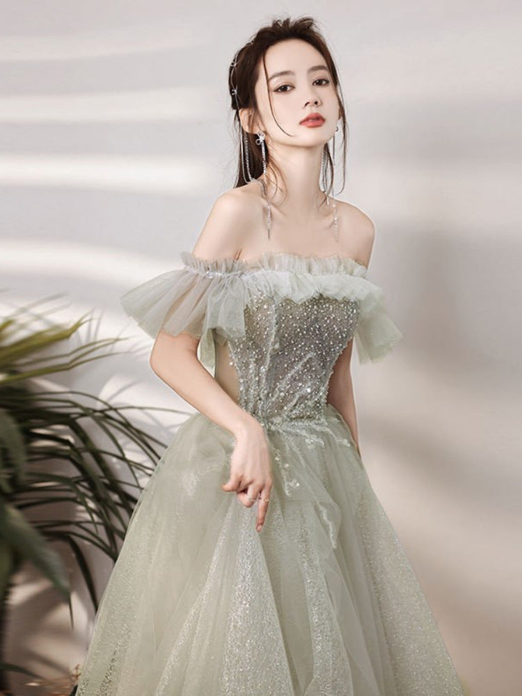 Beaded Green Tulle Long Prom Dress Off  Shoulder Long Evening Dress 154