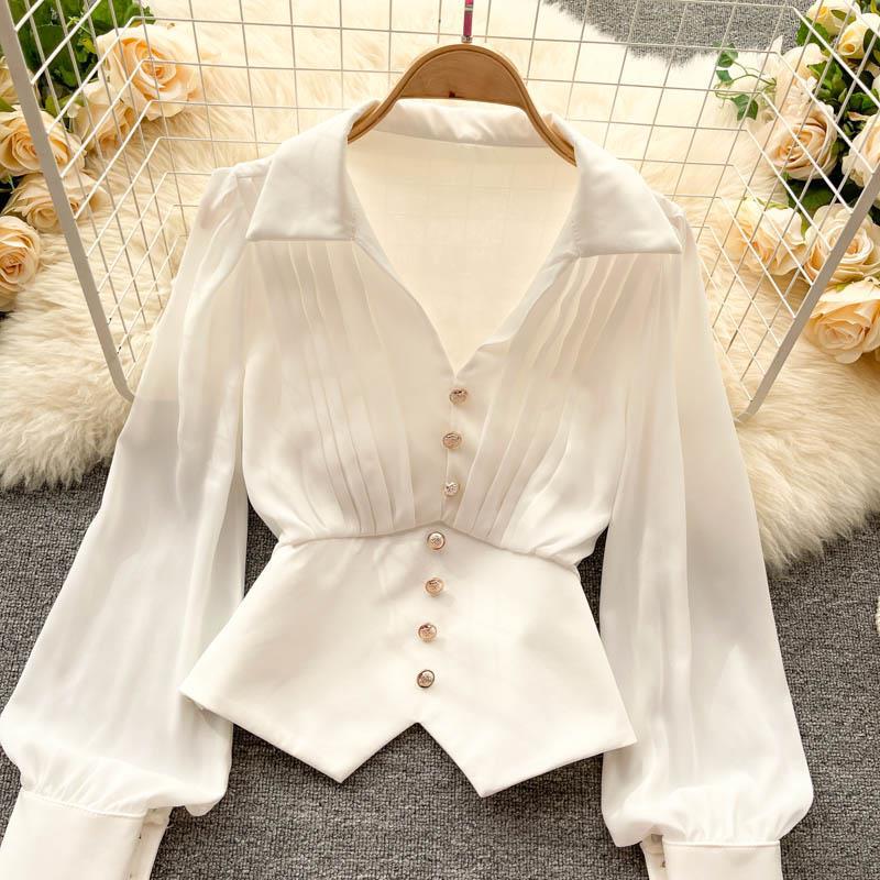 V-neck Long-sleeve Shirt Women's French Puff Sleeve Top 340