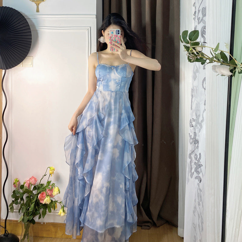 French Blue Strapless Dress Summer Fairy Backless Dress 795