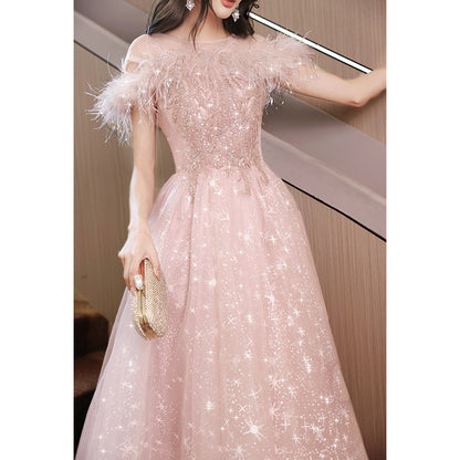 Off Shoulder Pink Shiny Prom Dress Feather A Line Sweet Party Dress 623