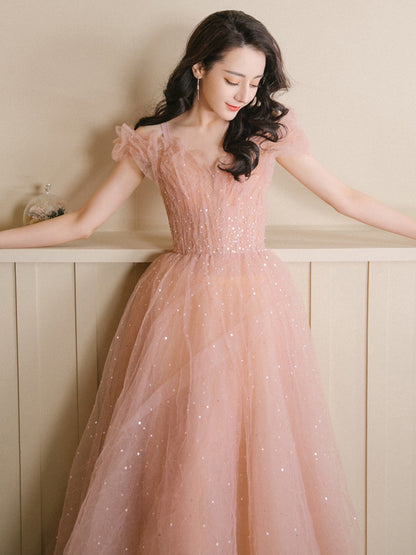 Pink Tulle Fairy Long Prom Dress Off Shoulder Sweet Evening Gown 580