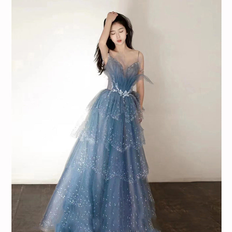 Blue Tulle Sequins Long Prom Dress Sparkly Long Evening Dress 193