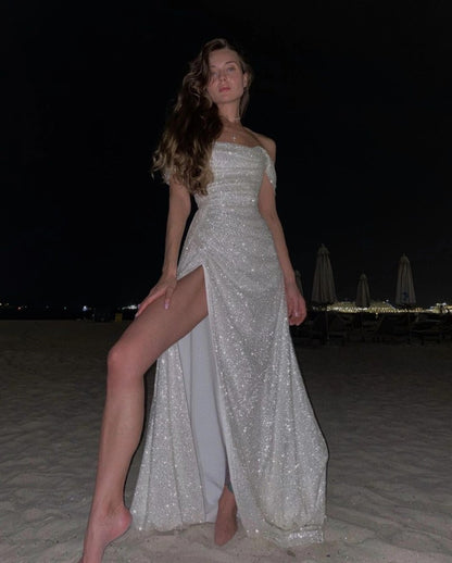 Off Shoulder Shiny Long Prom Dress High Slit Formal Evening Dress 320
