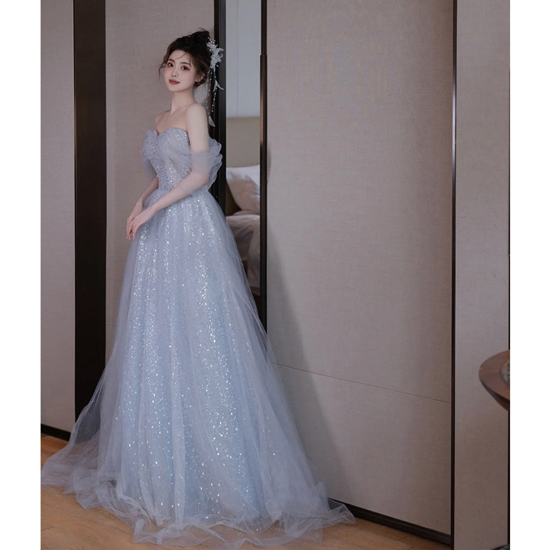 Blue Sparkly Princess Dress Off  Shoulder Long Prom Dress Formal Party Dress 174