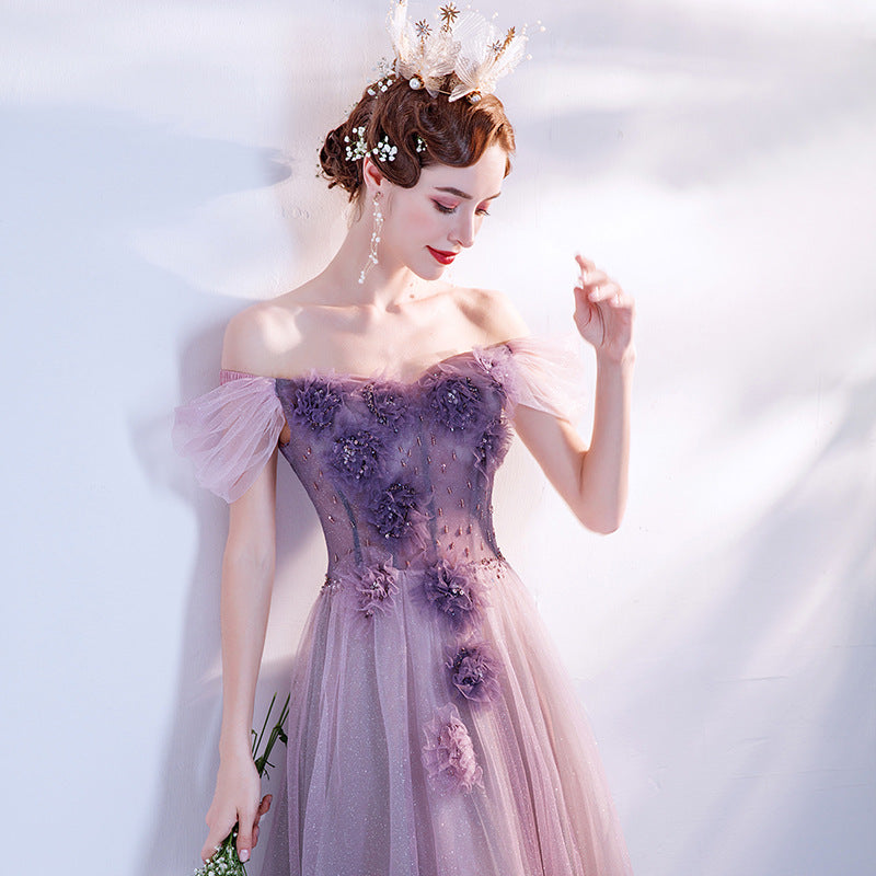 Purple Off  Shoulder Flower Long Prom Dress Tulle Evening Formal Party Dress 151