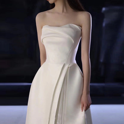French Style Strapless Wedding Dress Satin White Long Prom Dress 188