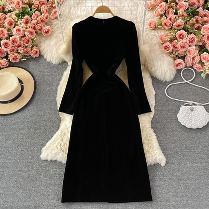 French Vintage Velvet Dress Elegant Long Sleeve Slit Dress Long Dress 355