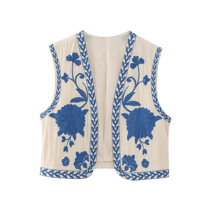 New Women Floral Embroidered Cardigan Open Waistcoat Vest White Vintage Design 925